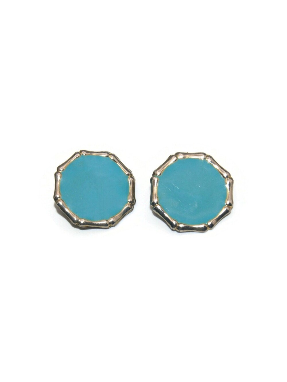 Vintage Silver Tone Bamboo and Blue Enamel Octagonal Clip on Earrings.